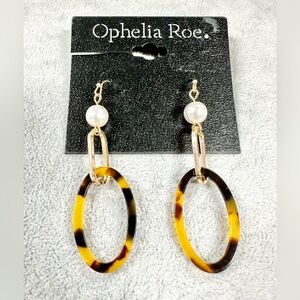 Ophelia Roe. Oval Acrylic Tortoise Shell Gold Tone Pearl Drop Earrings